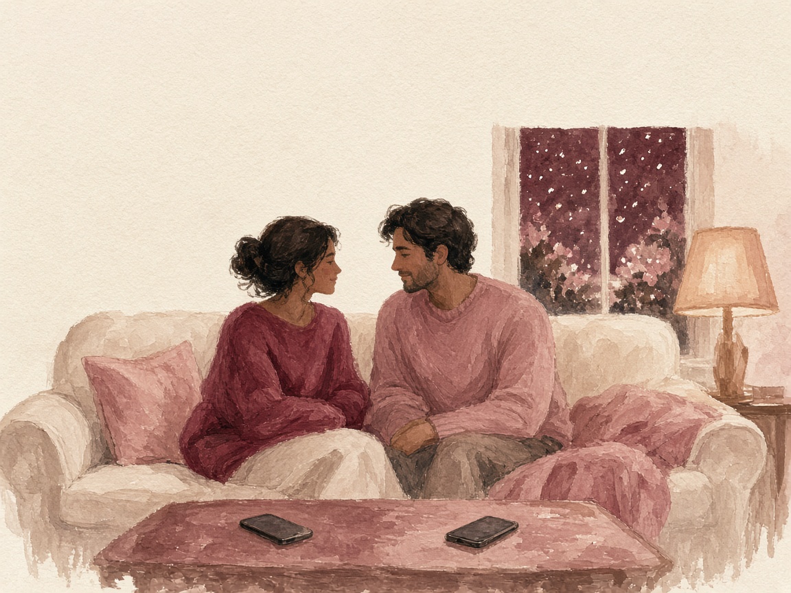 Two people on a sofa with phones left on the table
